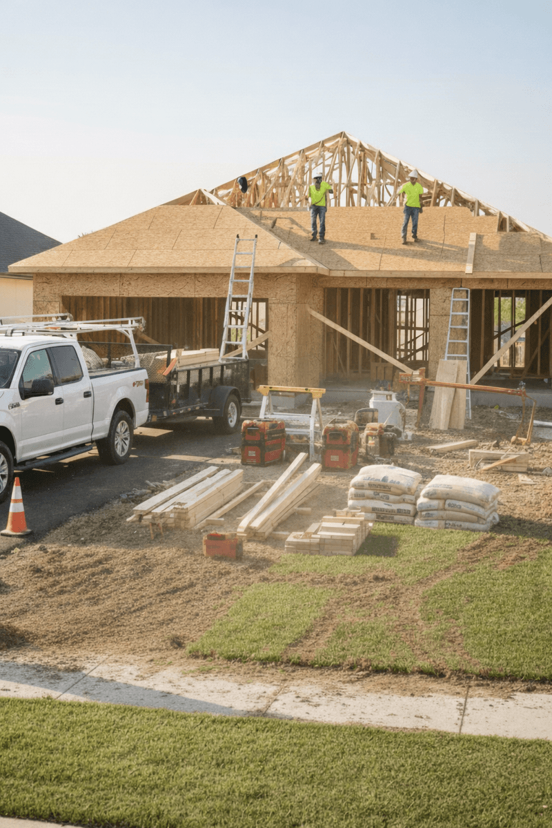 Construction workers building a home